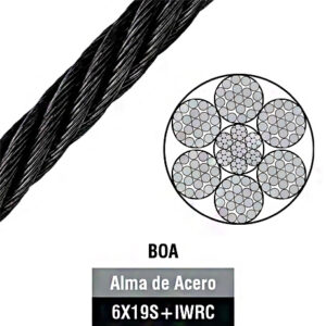 Cable de acero negro de 6 cordones por 19 fibras, con alma de acero / tipo boa