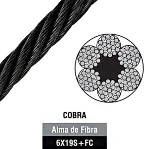 Cable de acero negro de 6 cordones por 19 fibras, con alma de fibra / tipo cobra