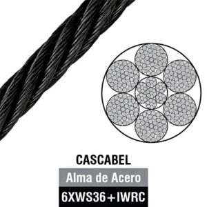 Cable de acero negro de 6 cordones por 36 fibras, con alma de acero / tipo cascabel