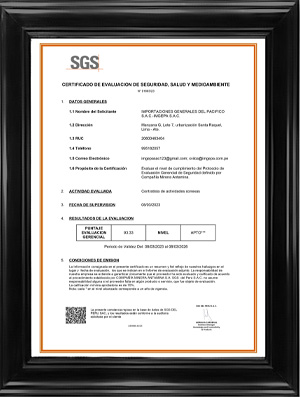 Imagen de la certificación SGS a IMGEPA SAC