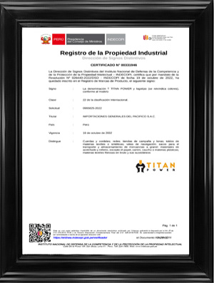 Imagen de certificado de registro de la propiedad industrial de la marca TITAN - IMGEPA SAC